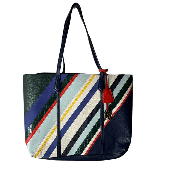 Tory Burch Perry Balloon Stripes Leather Triple Compartment Tote Bag - Picture 1 of 12